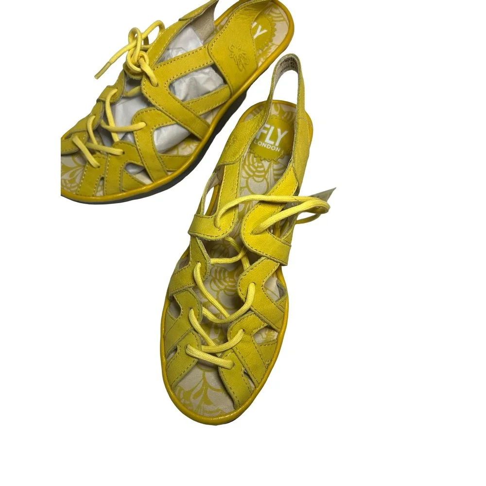 Fly London Yasi Yellow Leather Lace Up Wedge Sandals Womens 37 P500749001